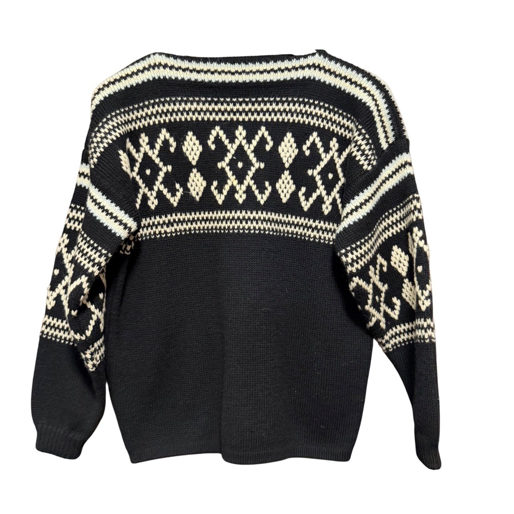 Meister Knit Vintage 100% Wool Sweater Black Cream Nordic Fair Isle Austria